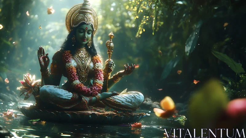 Verdant river goddess meditates on a drifting lotus throne