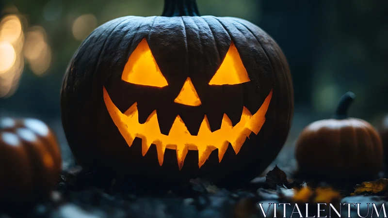 Glowing jack o lantern grins wickedly in a moody autumn night
