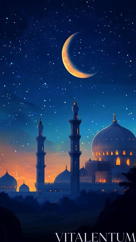 Crescent moon over illuminated domed mosque skyline at dusk