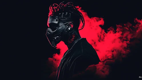 Cyberpunk masked figure emerges from neon red smoke background.