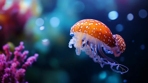 Spotted orange jellyfish drifting through soft bokeh light.
