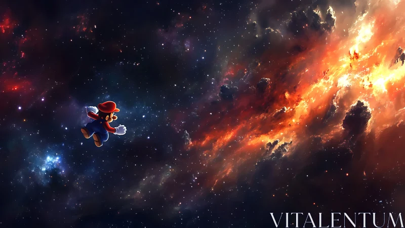 Cartoon plumber character drifting in colorful deep space.