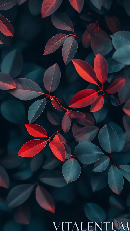 Red and teal leaves with selective color contrast pattern.