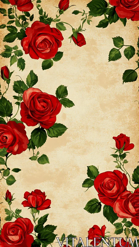 Red roses frame surround aged paper background space