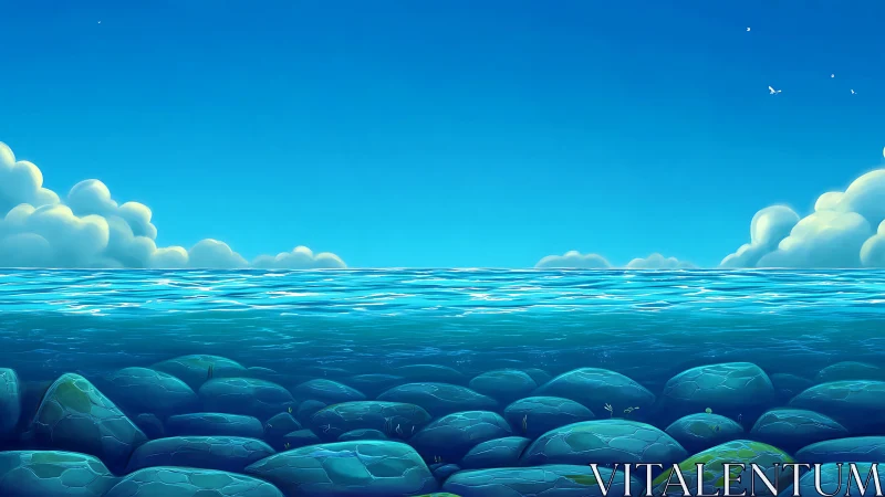 Calm turquoise sea stretches over rounded rocks under sky