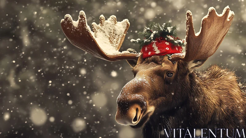 Festive moose in snowfall wearing red Christmas hat.