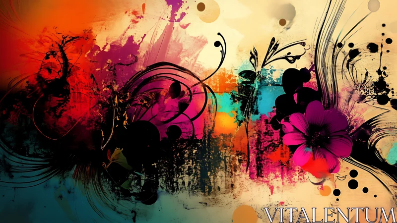 Abstract floral vector with multicolor paint textures overlay.