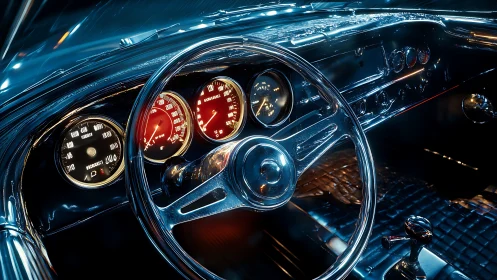 Illuminated chrome classic car dashboard shows detailed gauges