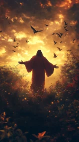 Silhouetted robed figure welcomes dawn beneath flaming sky