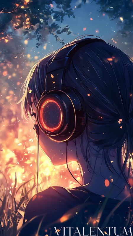 Headphones ignite twilight meadow in glowing audio dreamscape.