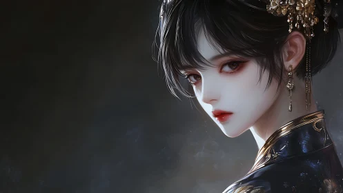 Regal digital portrait of pale woman in dark brocade.