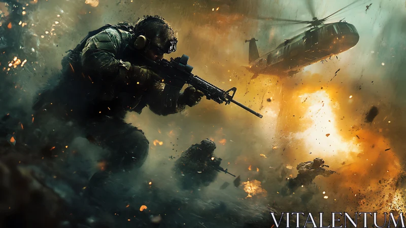 Elite soldiers advance under fire amid blazing battlefield chaos