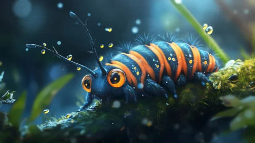 Bioluminescent caterpillar with dewdrops in dreamy forest.