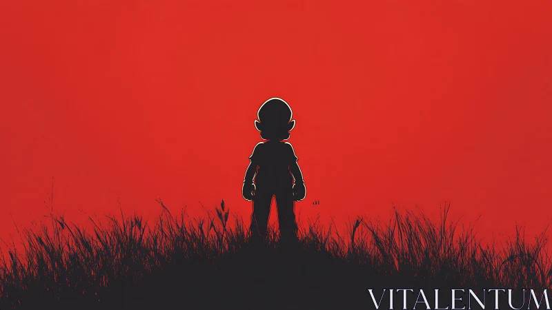 Backlit child silhouette stands against flat red horizon