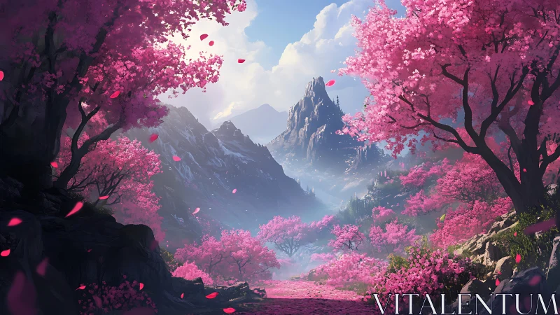 Chromatic alpine valley with luminous cherry flora rendered.