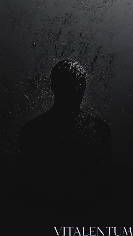 Silhouetted figure dissolving into textured shadow field.