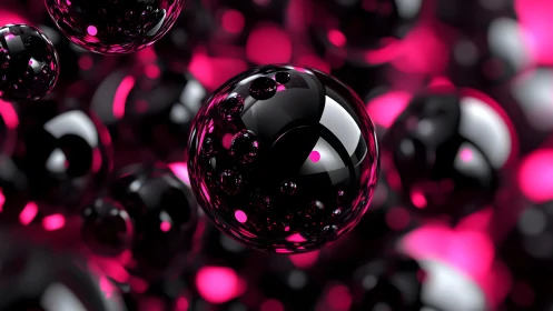 Glossy black spheres with pink neon reflections in abstract 3D style.