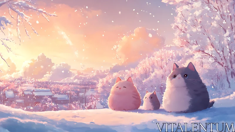 Stylized Feline Trio in Crystalline Landscape with Aurora.