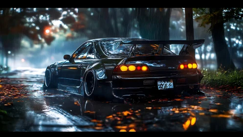 Modified street car idles in rainy forest road at night