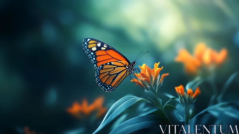 Monarch butterfly rests softly on glowing orange wildflowers