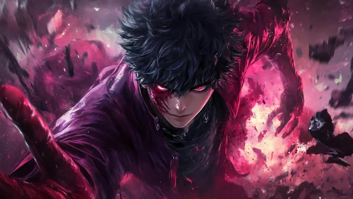 Malevolent anime fighter channels crimson energy in dynamic surge