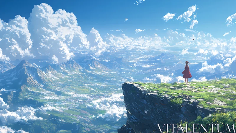 Girl in red dress gazes across vast sunlit mountain valley.