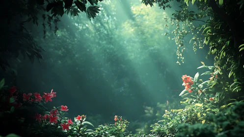 Enchanted Forest Garden. Ethereal Light Through Verdant Canopy.