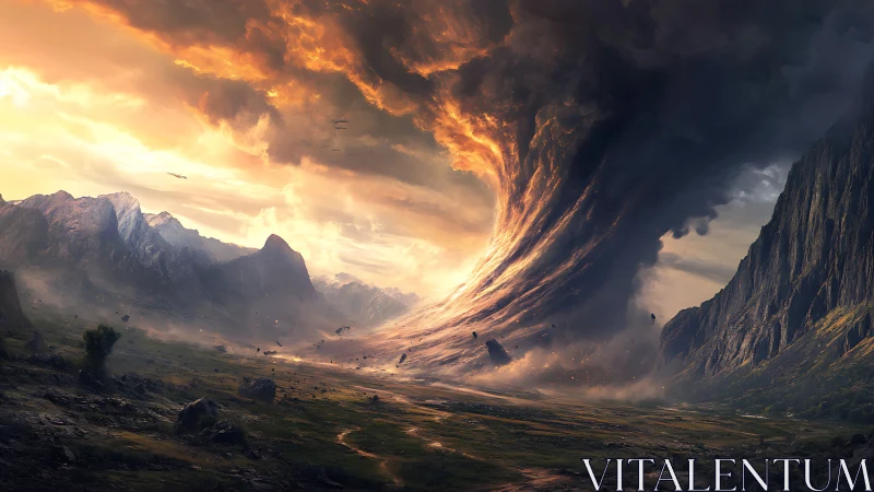 Storms of fire twist through mountains in apocalyptic dusk.