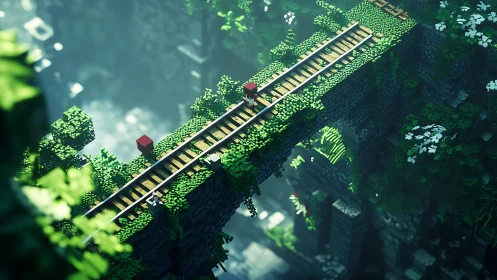 Voxel jungle rail bridge crossing lush misty ravine.