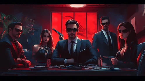 Velvet underworld council broods beneath crimson neon glow.