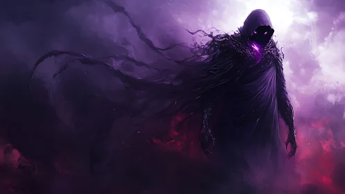 Hooded shadow figure in purple smoke-filled environment.