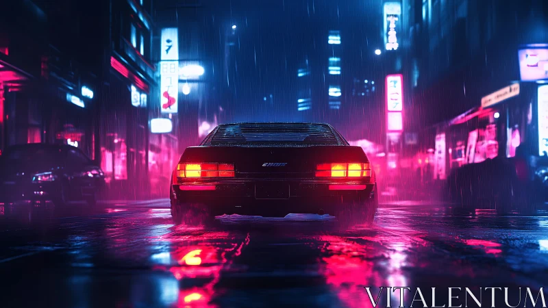 Neon sports car in rainy cyberpunk city street at night.