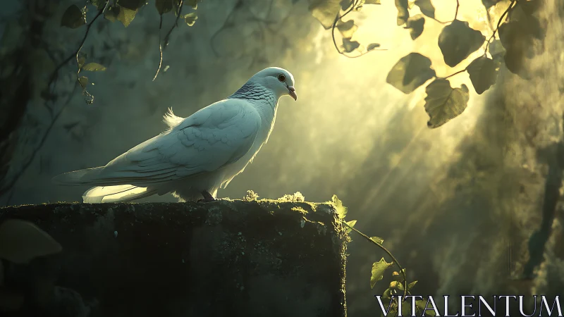 White dove perched in sunlit forest, soft dreamy lighting.