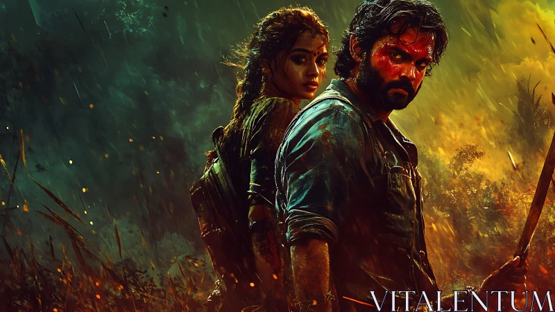 Warrior couple stand defiant amid burning jungle storm.