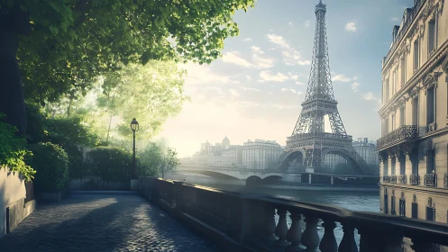 Morning light gently warms a quiet Paris riverside view