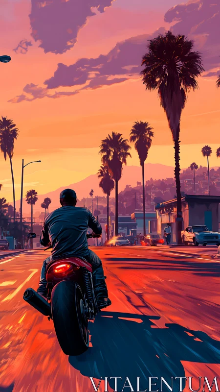 Motorcyclist rides under vivid sunset over palm-lined boulevard
