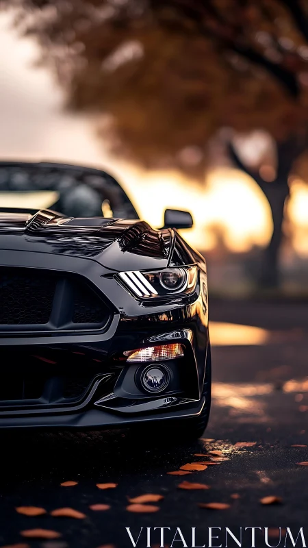 Black sports coupe front detail on wet road at sunset.