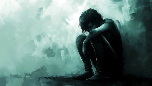 Monochrome digital painting depicts seated figure in desaturated teal