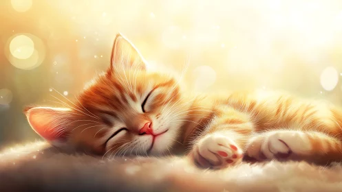 Luminous Slumber: Orange Tabby Dreams in Golden Serenity