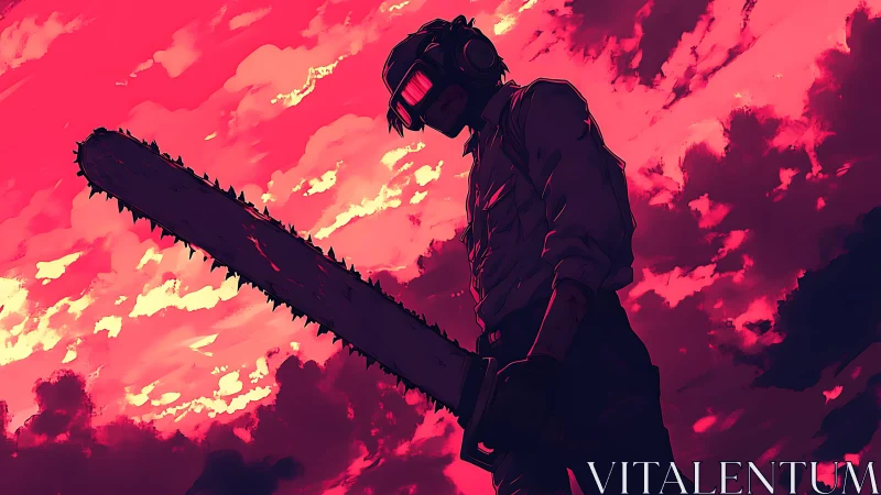 Backlit chainsaw wielder dominates neon crimson sky