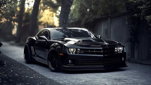 Black muscle car parked on shaded residential street.
