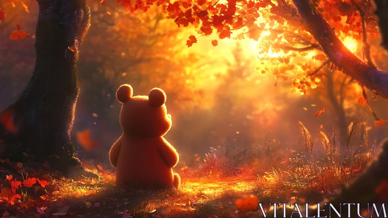 Cozy teddy bear daydream under glowing autumn trees.