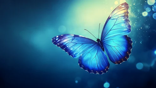 Luminous blue butterfly sails through a bokeh-tinted twilight