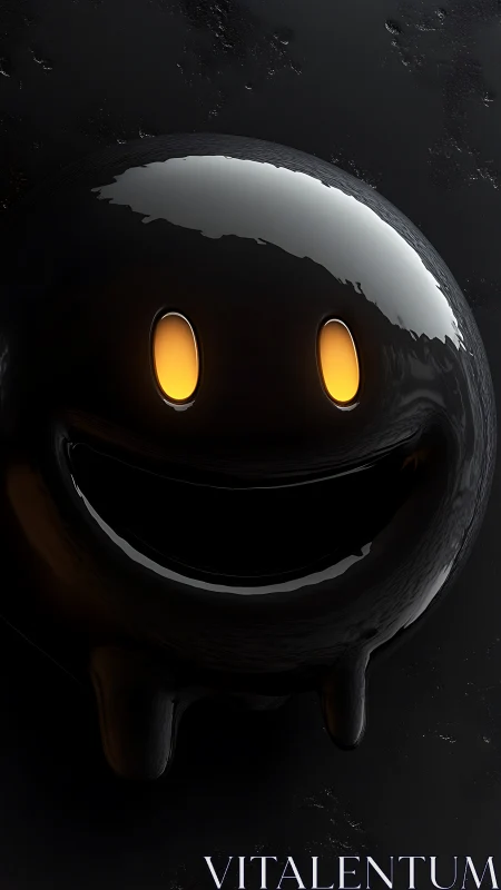 Glossy black blob character with glowing amber eyes on black