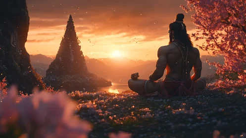 Sunrise yogi beholds sacred spire amid drifting blossoms.