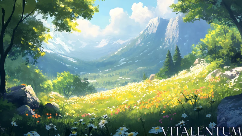 Sunlit alpine meadow unfolds beneath glaciated mountain range