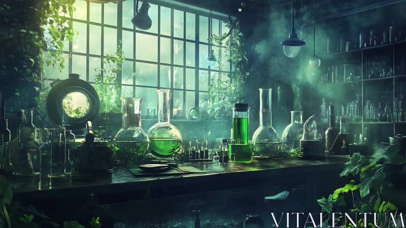 Alchemist greenhouse lab glowing with mossy emerald brews.