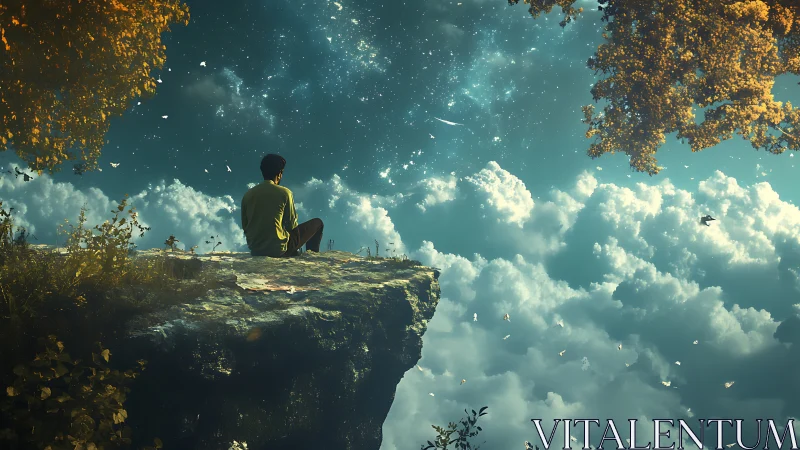 Quiet dreamer resting on a cloud-kissed cliff at night.