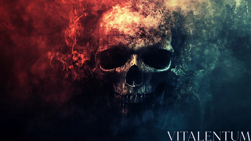 Moody fiery skull emerging from swirling red and blue mist.