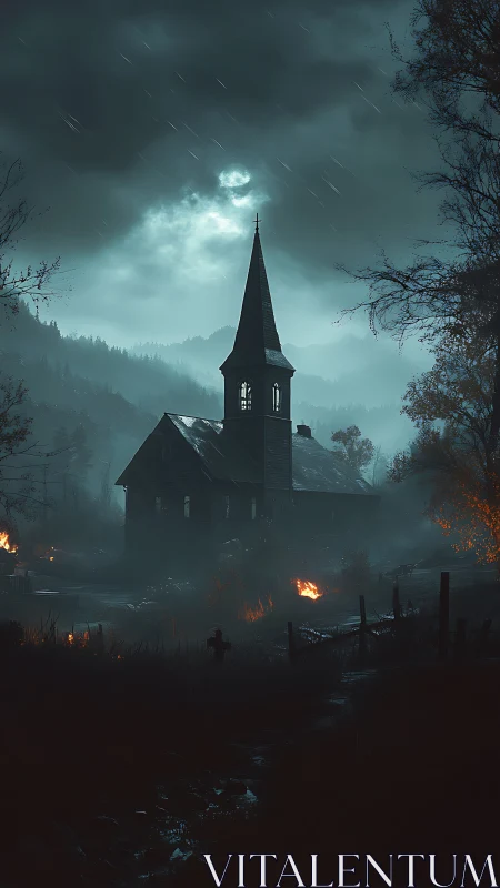 Stormlit ruined church dominates burning misty graveyard